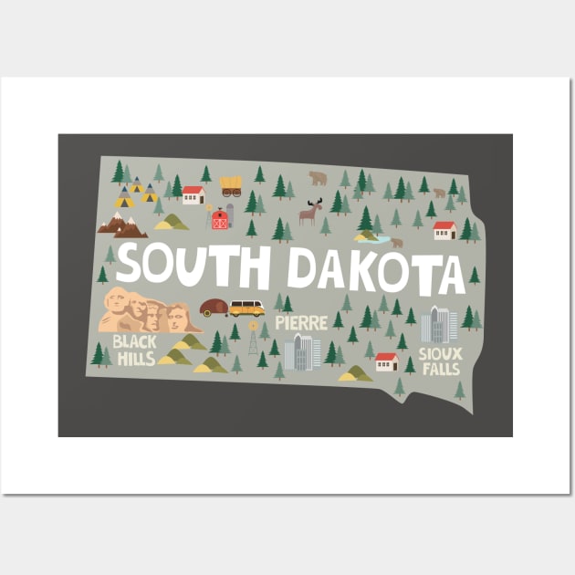 South Dakota State USA Illustrated Map Wall Art by JunkyDotCom